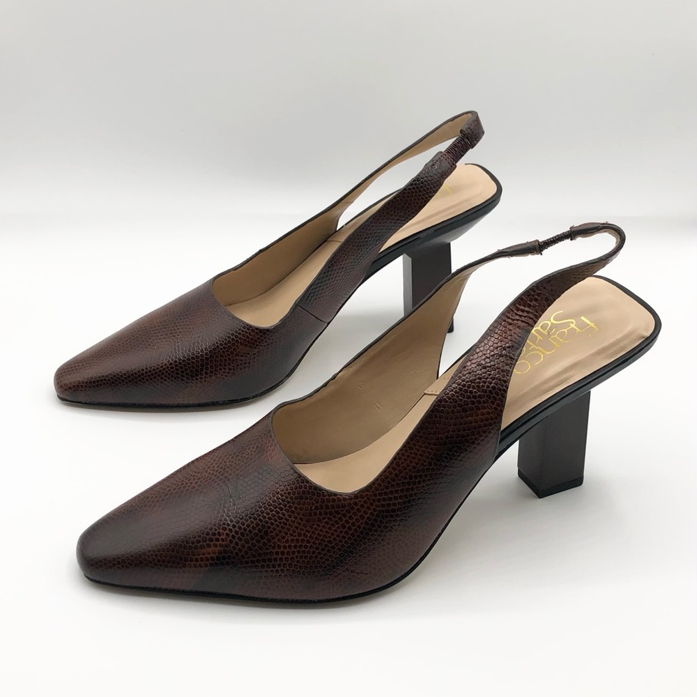 Franco Sarto Burgundy Leather Reptile Print Almond Toe Sling Back Heels Size 8.5